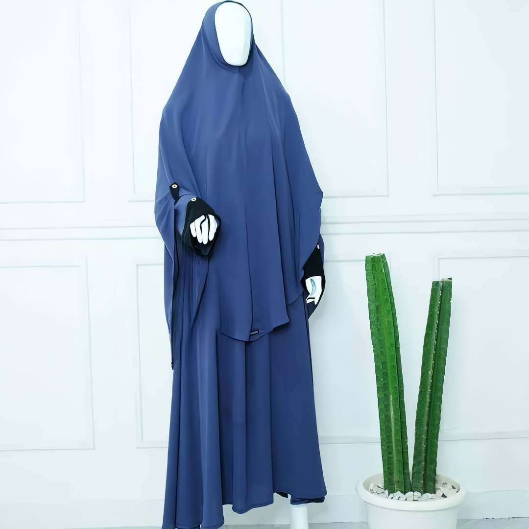 Alesyari Shop I Dark Denim Abaya Set: Perfect for Ramadan and Eid Fitr, Modest Design with Premium French Khimar