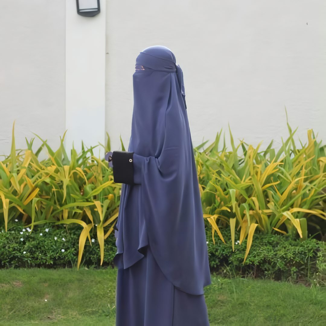 Alesyari Shop I Dark Denim Abaya Set: Perfect for Ramadan and Eid Fitr, Modest Design with Premium French Khimar