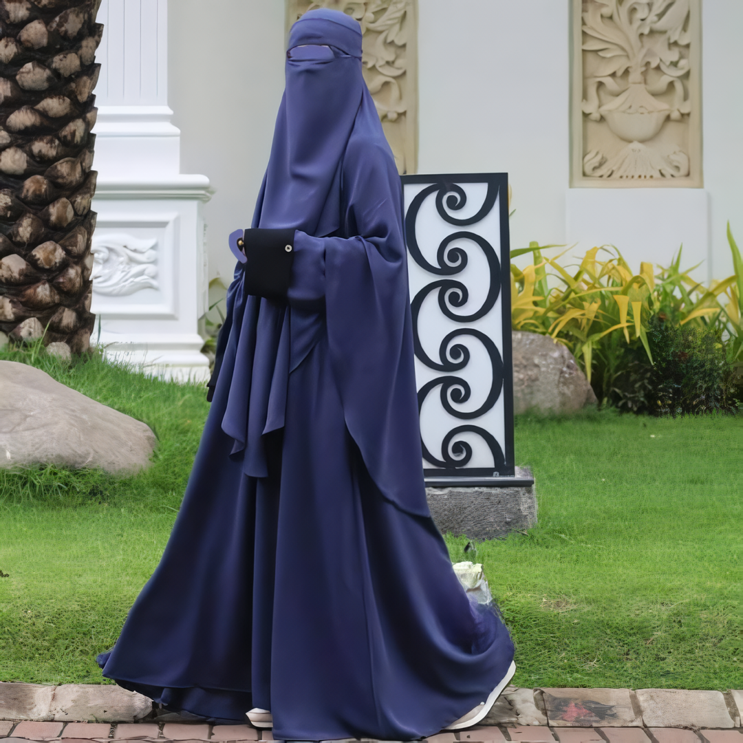 Alesyari Shop I Dark Denim Abaya Set: Perfect for Ramadan and Eid Fitr, Modest Design with Premium French Khimar