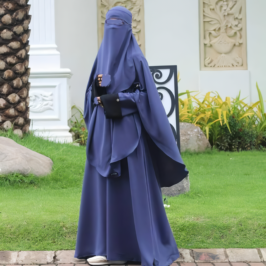 Alesyari Shop I Dark Denim Abaya Set: Perfect for Ramadan and Eid Fitr, Modest Design with Premium French Khimar