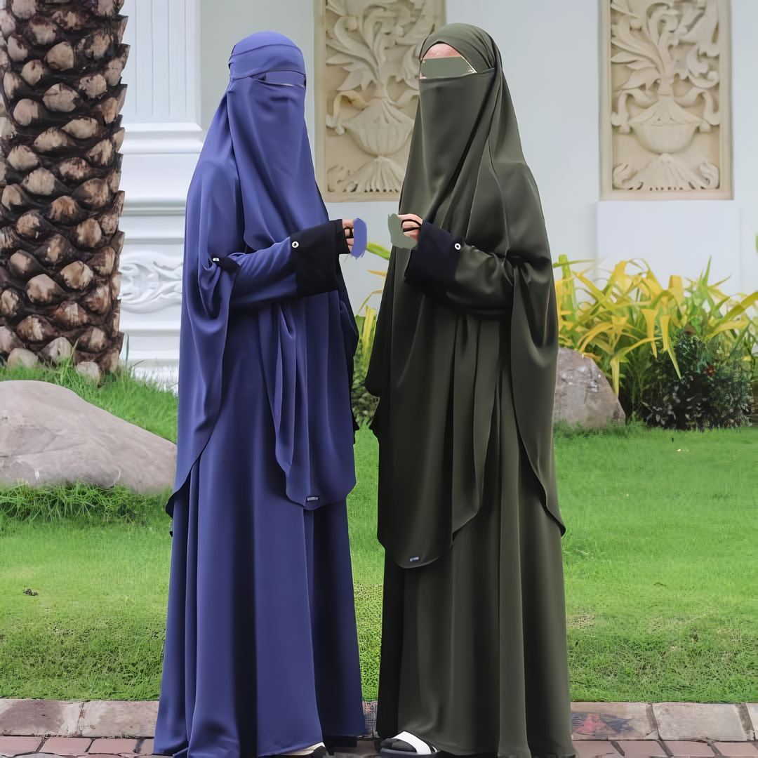 Alesyari Shop I Dark Denim Abaya Set: Perfect for Ramadan and Eid Fitr, Modest Design with Premium French Khimar