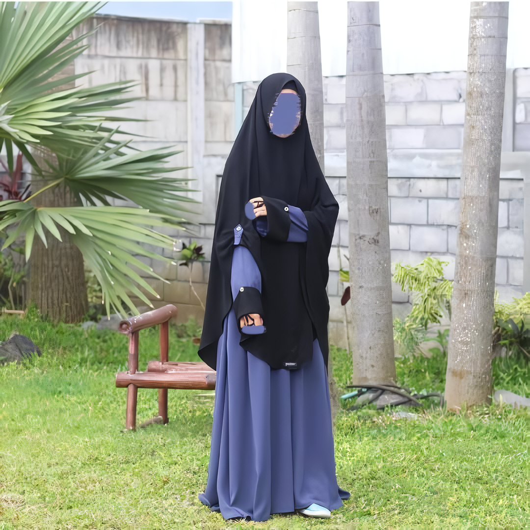 Alesyari Shop I Dark Denim Abaya Set: Perfect for Ramadan and Eid Fitr, Modest Design with Premium French Khimar