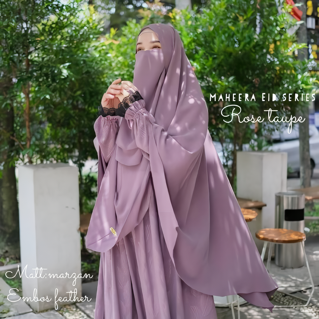 Alesyari Shop I Rose Taupe Non-Pad Khimar Abaya Set with Emboss / Ramadan Eid Collection / Marzan Anti-UV, Fursan Silk, Soft Lexus Fabric