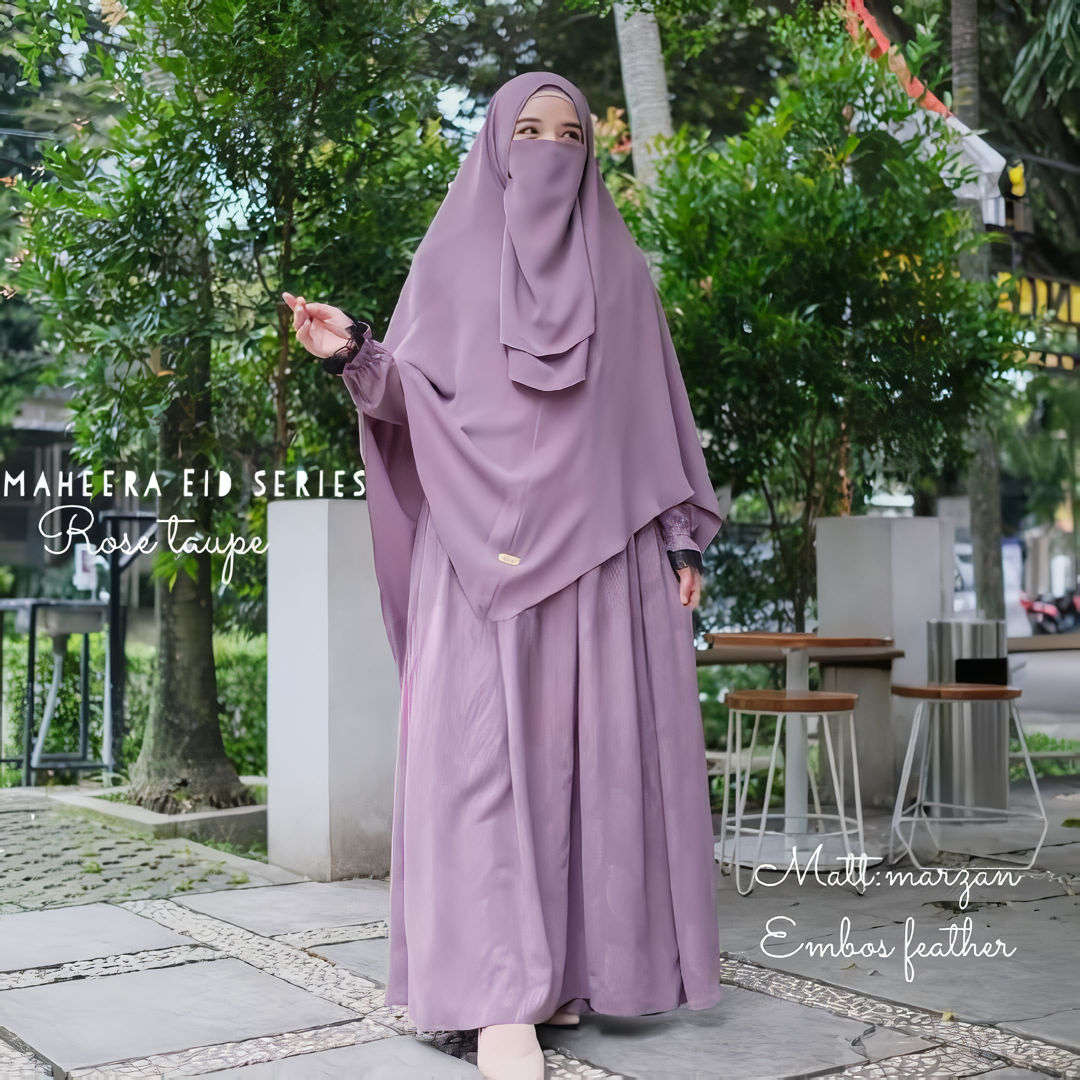 Alesyari Shop I Rose Taupe Non-Pad Khimar Abaya Set with Emboss / Ramadan Eid Collection / Marzan Anti-UV, Fursan Silk, Soft Lexus Fabric