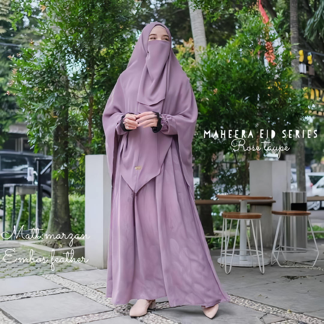 Alesyari Shop I Rose Taupe Non-Pad Khimar Abaya Set with Emboss / Ramadan Eid Collection / Marzan Anti-UV, Fursan Silk, Soft Lexus Fabric