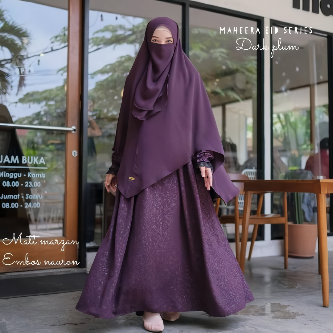 Alesyari Shop I Dark Plum Non-Pad Khimar Abaya Set with Emboss / Ramadan Eid Collection / Marzan Anti-UV, Fursan Silk, Soft Lexus Fabric