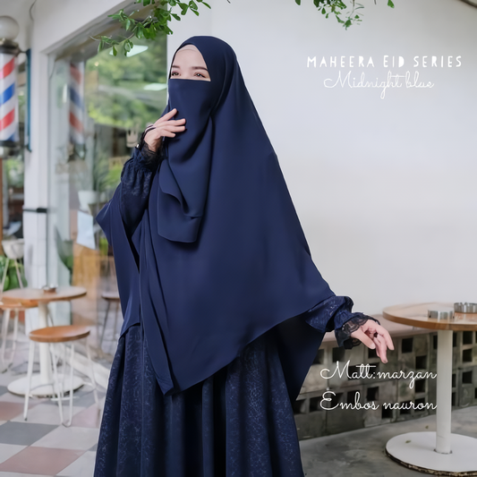 Alesyari Shop I Midnight Blue Non-Pad Khimar Abaya Set with Emboss / Ramadan Eid Collection / Marzan Anti-UV, Fursan Silk, Soft Lexus Fabric