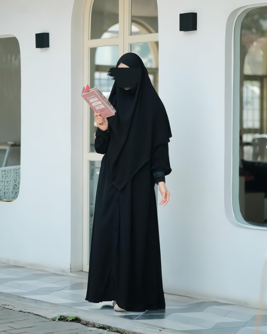 Alesyari Shop I Full Black - Marzi Abaya Transformer or Basic Non-Pad Khimar with Organdi Lace, Free Half Niqab or Niqab Bandana, featuring Marzan Anti-UV Fabric