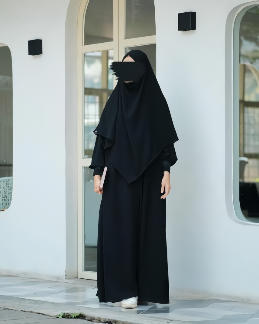 Alesyari Shop I Full Black - Marzi Abaya Transformer or Basic Non-Pad Khimar with Organdi Lace, Free Half Niqab or Niqab Bandana, featuring Marzan Anti-UV Fabric