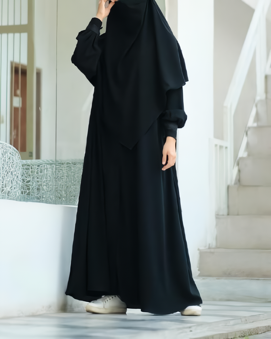 Alesyari Shop I Full Black - Marzi Abaya Transformer or Basic Non-Pad Khimar with Organdi Lace, Free Half Niqab or Niqab Bandana, featuring Marzan Anti-UV Fabric