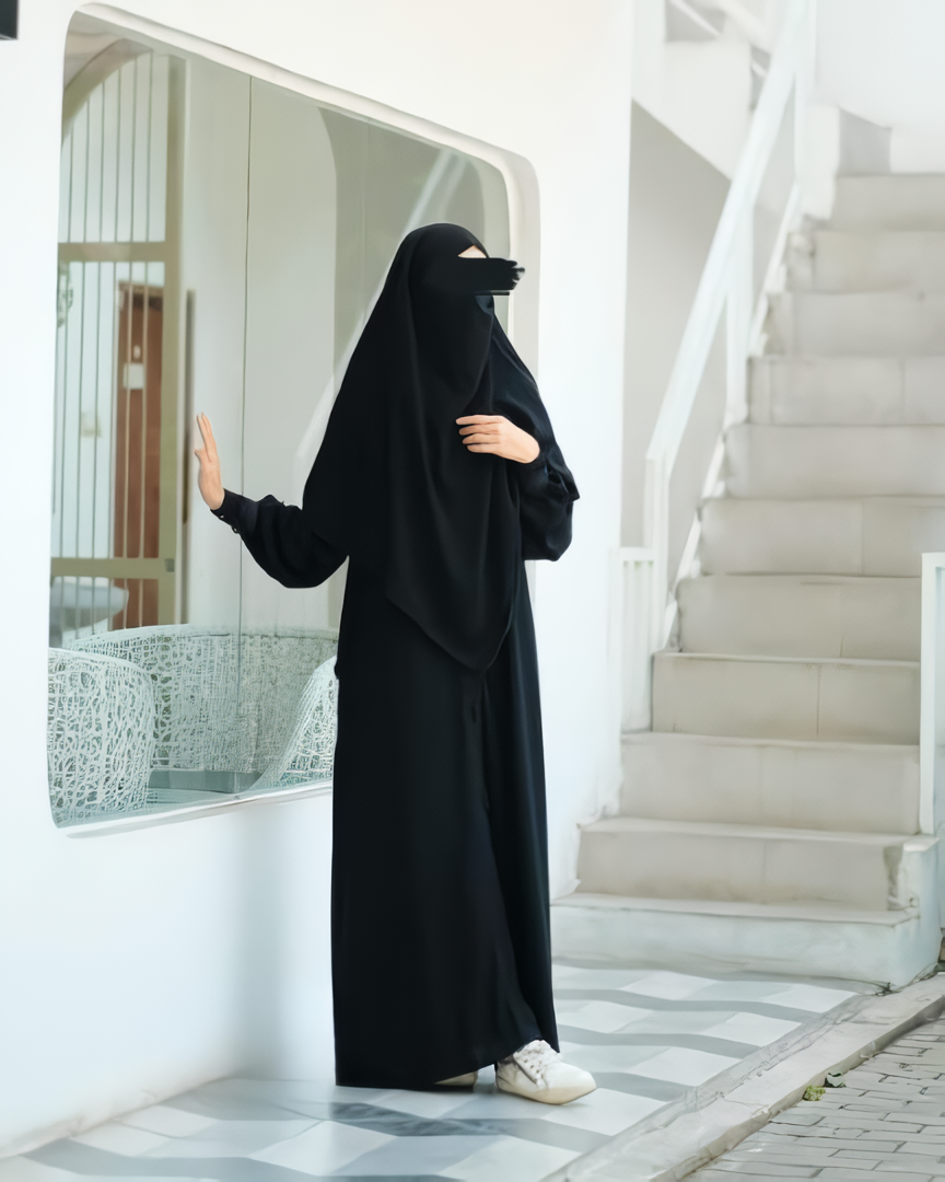 Alesyari Shop I Full Black - Marzi Abaya Transformer or Basic Non-Pad Khimar with Organdi Lace, Free Half Niqab or Niqab Bandana, featuring Marzan Anti-UV Fabric