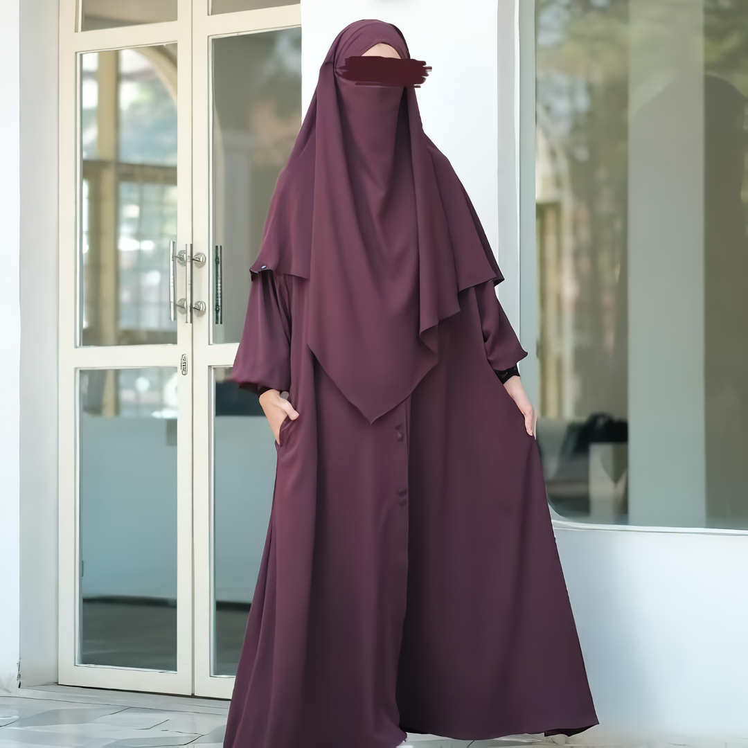 Alesyari Shop I Dark Maroon - Marzi Abaya Transformer or Basic Non-Pad Khimar with Organdi Lace, Free Half Niqab or Niqab Bandana, featuring Marzan Anti-UV Fabric