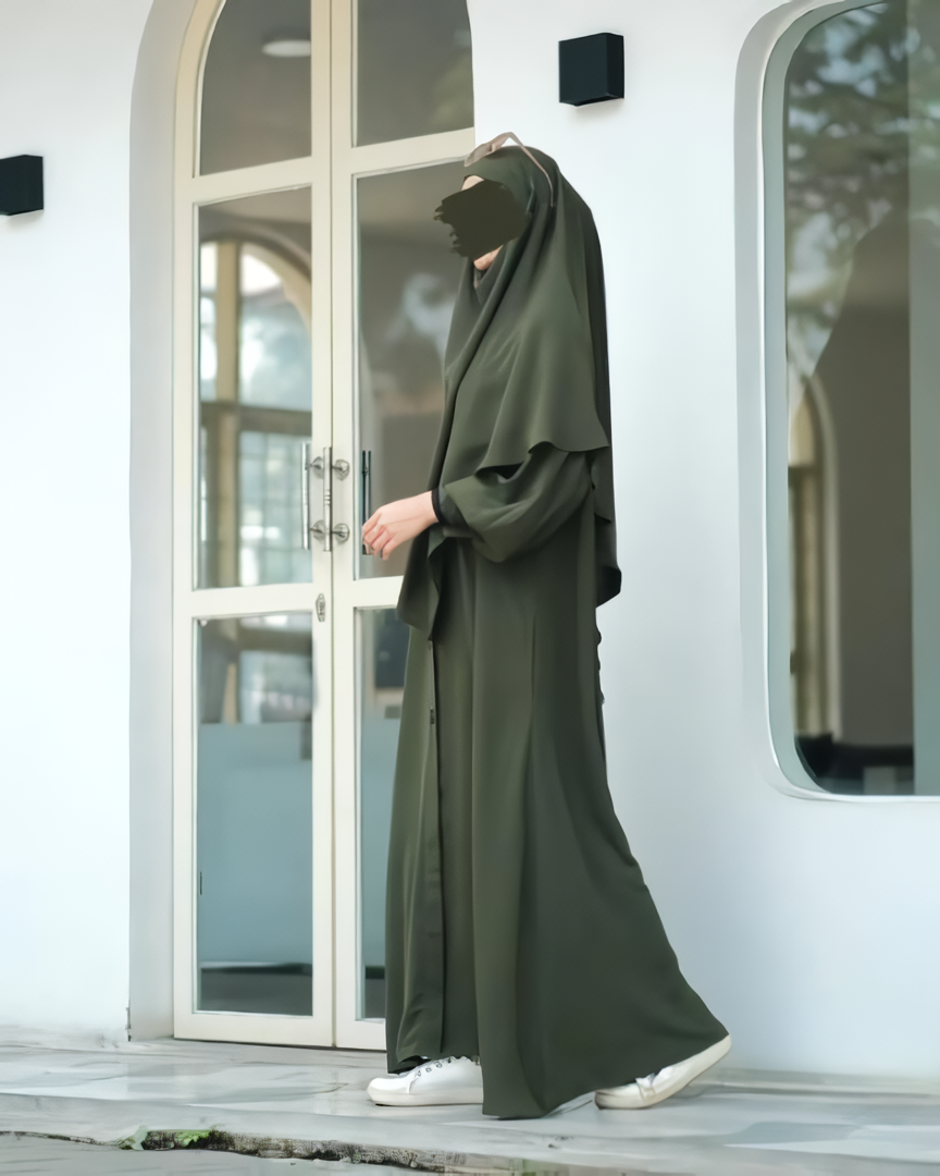 Alesyari Shop I Army Green - Marzi Abaya Transformer or Basic Non-Pad Khimar with Organdi Lace, Free Half Niqab or Niqab Bandana, featuring Marzan Anti-UV Fabric