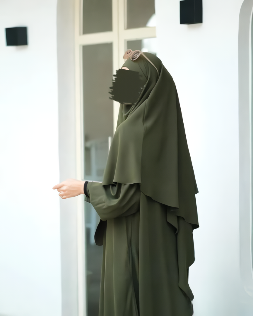 Alesyari Shop I Army Green - Marzi Abaya Transformer or Basic Non-Pad Khimar with Organdi Lace, Free Half Niqab or Niqab Bandana, featuring Marzan Anti-UV Fabric