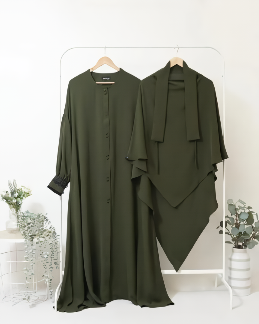 Alesyari Shop I Army Green - Marzi Abaya Transformer or Basic Non-Pad Khimar with Organdi Lace, Free Half Niqab or Niqab Bandana, featuring Marzan Anti-UV Fabric