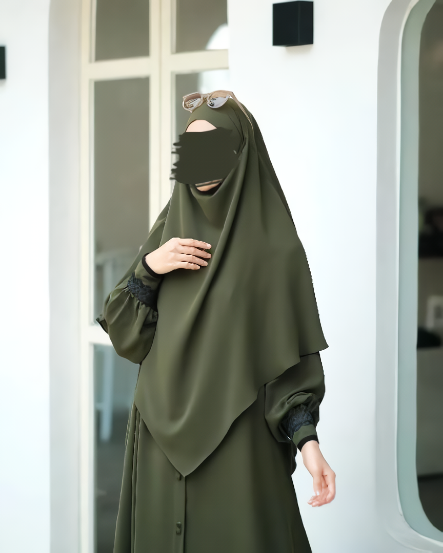 Alesyari Shop I Army Green - Marzi Abaya Transformer or Basic Non-Pad Khimar with Organdi Lace, Free Half Niqab or Niqab Bandana, featuring Marzan Anti-UV Fabric