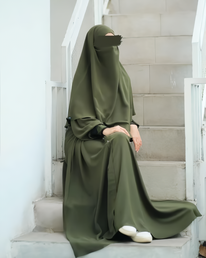 Alesyari Shop I Army Green - Marzi Abaya Transformer or Basic Non-Pad Khimar with Organdi Lace, Free Half Niqab or Niqab Bandana, featuring Marzan Anti-UV Fabric