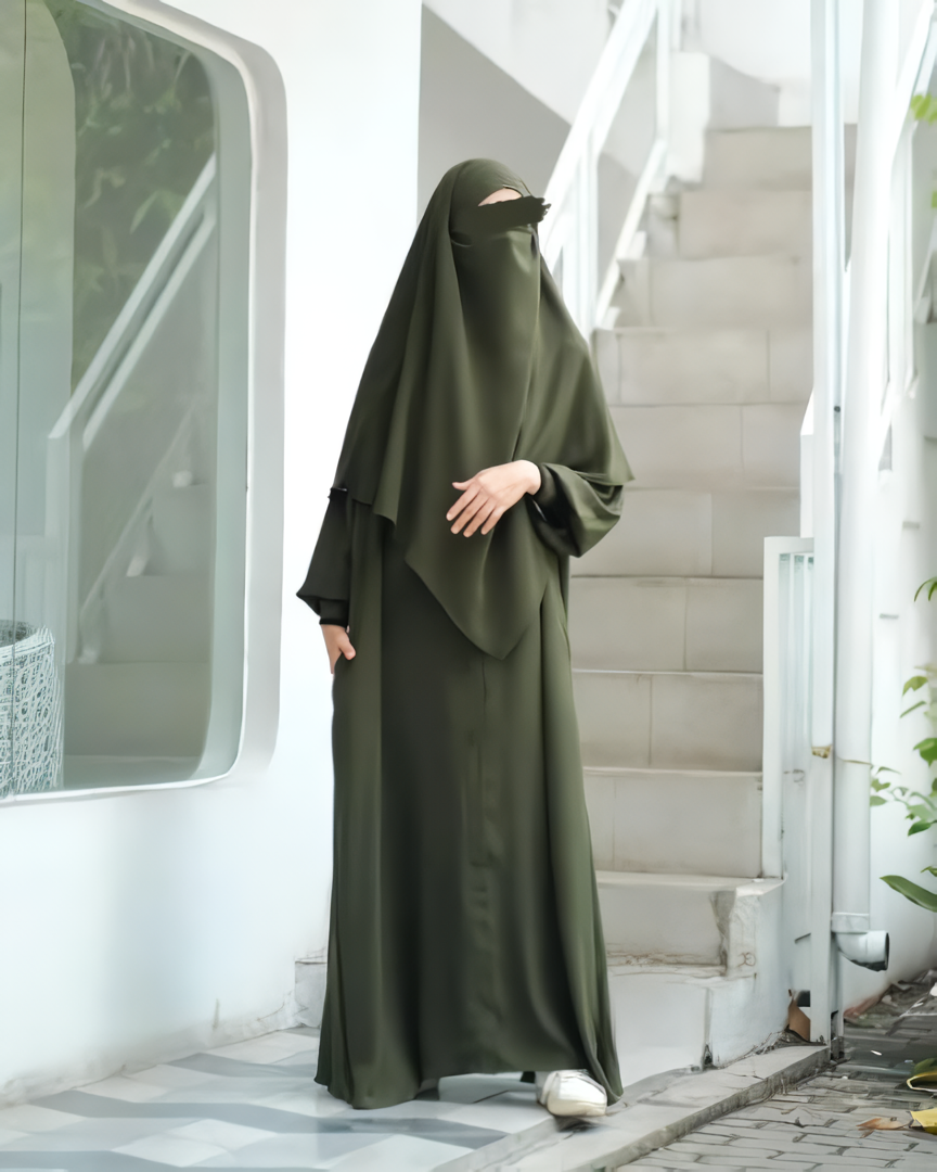 Alesyari Shop I Army Green - Marzi Abaya Transformer or Basic Non-Pad Khimar with Organdi Lace, Free Half Niqab or Niqab Bandana, featuring Marzan Anti-UV Fabric