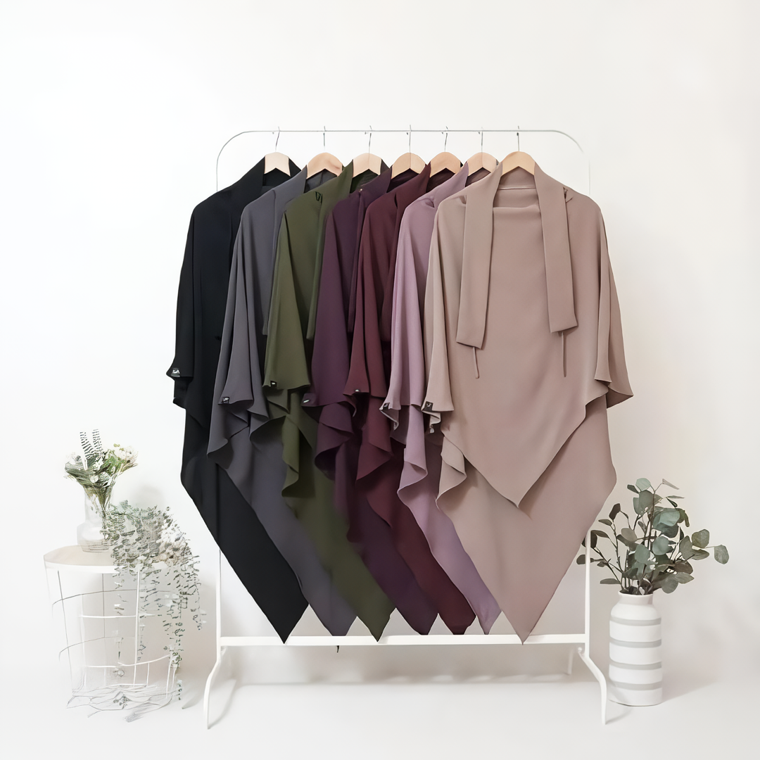 Alesyari Shop I Rose Taupe - Marzi Abaya Transformer or Basic Non-Pad Khimar with Organdi Lace, Free Half Niqab or Niqab Bandana, featuring Marzan Anti-UV Fabric