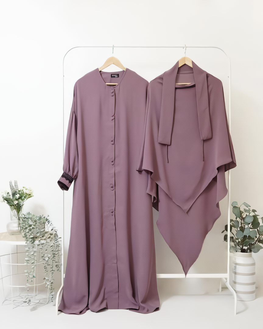 Alesyari Shop I Rose Taupe - Marzi Abaya Transformer or Basic Non-Pad Khimar with Organdi Lace, Free Half Niqab or Niqab Bandana, featuring Marzan Anti-UV Fabric