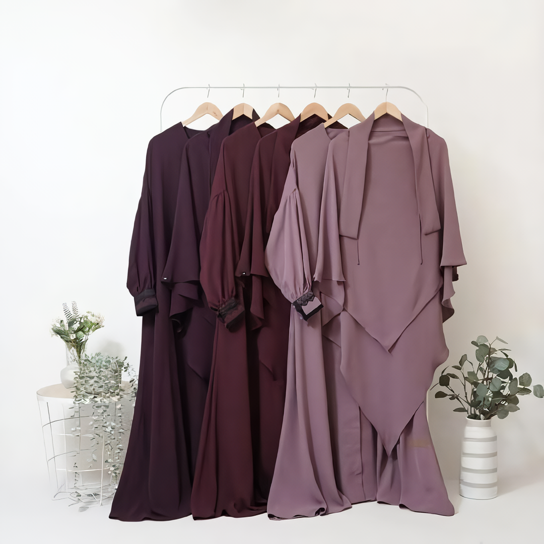 Alesyari Shop I Rose Taupe - Marzi Abaya Transformer or Basic Non-Pad Khimar with Organdi Lace, Free Half Niqab or Niqab Bandana, featuring Marzan Anti-UV Fabric