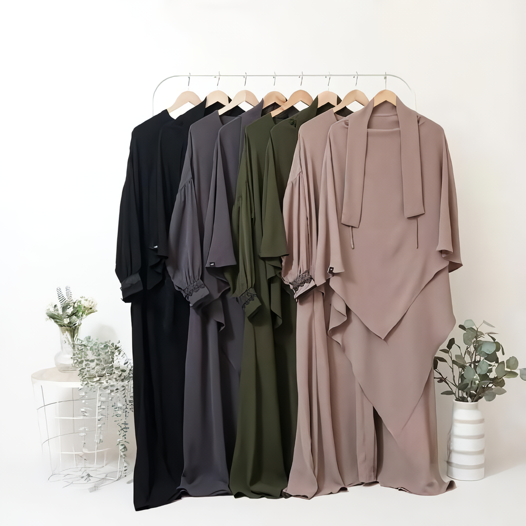 Alesyari Shop I Rose Taupe - Marzi Abaya Transformer or Basic Non-Pad Khimar with Organdi Lace, Free Half Niqab or Niqab Bandana, featuring Marzan Anti-UV Fabric