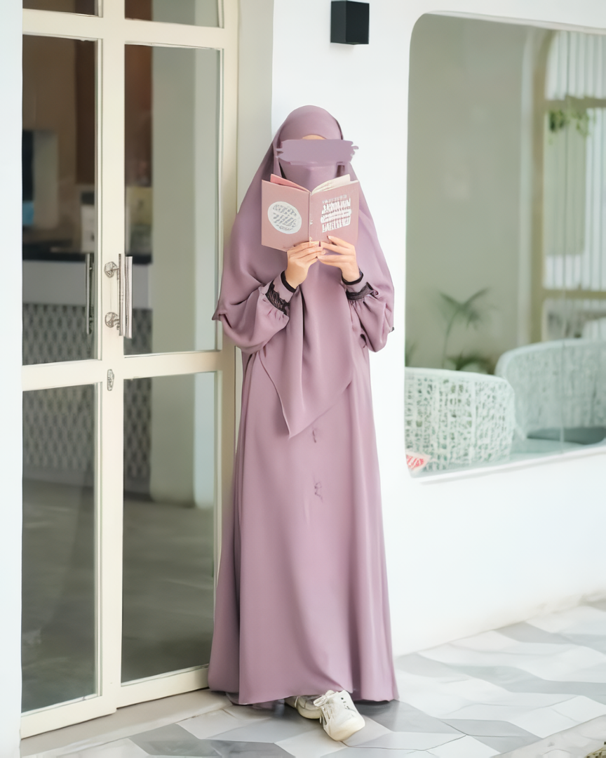 Alesyari Shop I Rose Taupe - Marzi Abaya Transformer or Basic Non-Pad Khimar with Organdi Lace, Free Half Niqab or Niqab Bandana, featuring Marzan Anti-UV Fabric