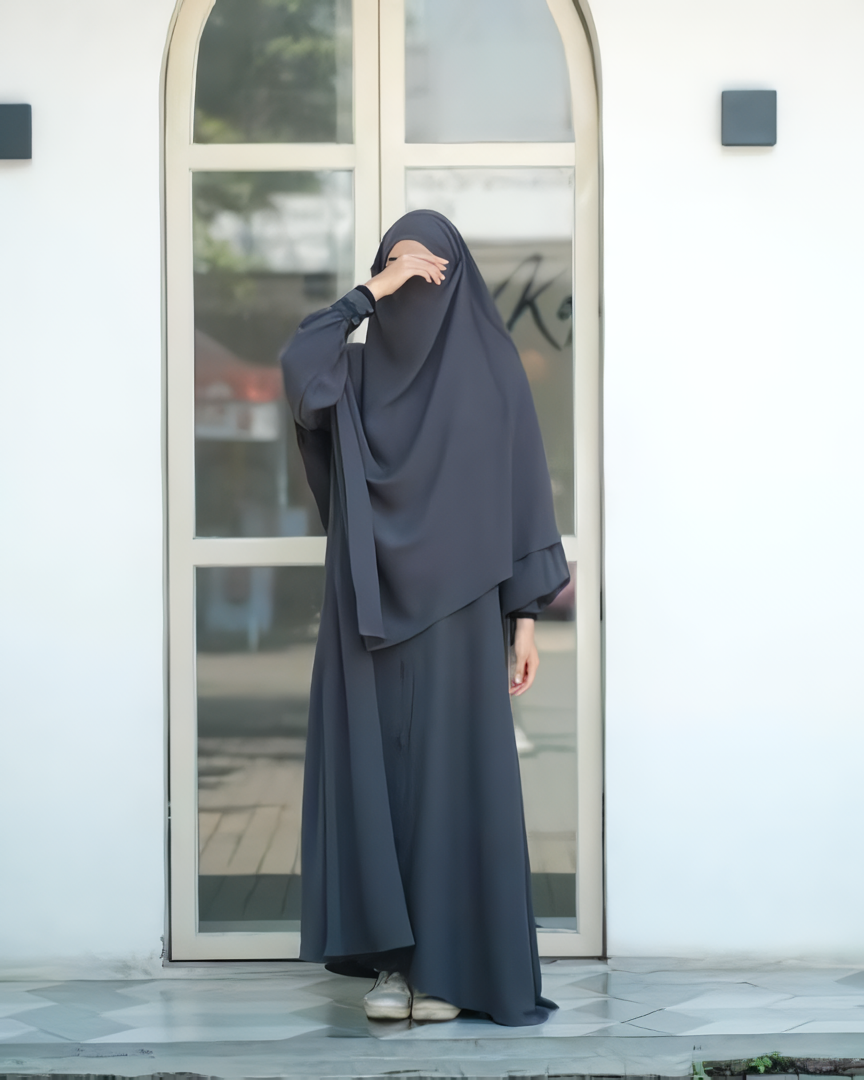 Alesyari Shop I Dark Gray - Marzi Abaya Transformer or Basic Non-Pad Khimar with Organdi Lace, Free Half Niqab or Niqab Bandana, featuring Marzan Anti-UV Fabric