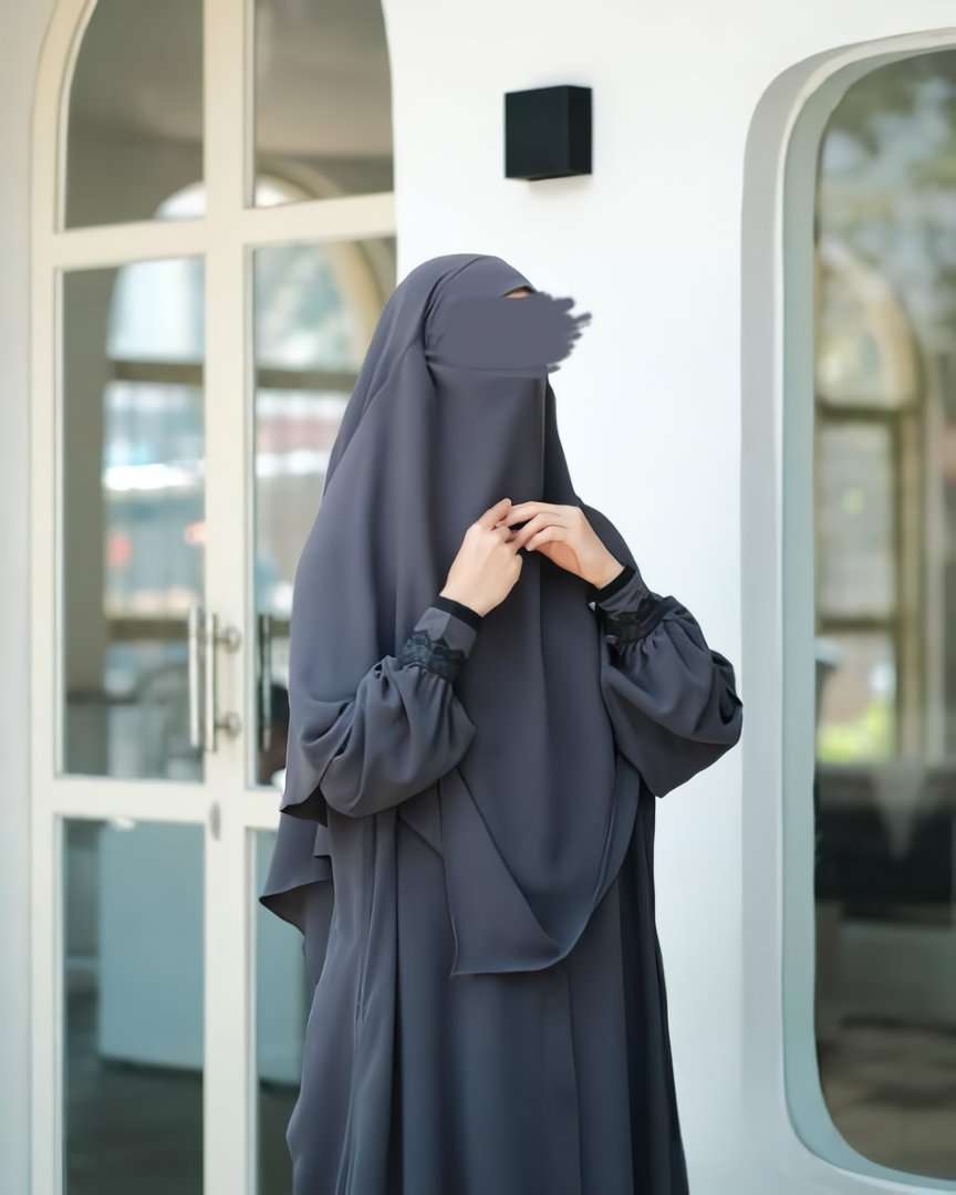 Alesyari Shop I Dark Gray - Marzi Abaya Transformer or Basic Non-Pad Khimar with Organdi Lace, Free Half Niqab or Niqab Bandana, featuring Marzan Anti-UV Fabric