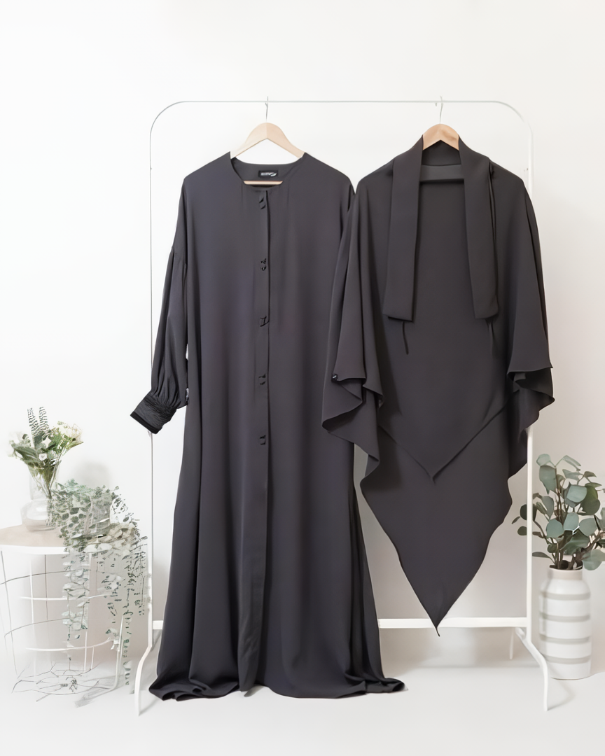 Alesyari Shop I Dark Gray - Marzi Abaya Transformer or Basic Non-Pad Khimar with Organdi Lace, Free Half Niqab or Niqab Bandana, featuring Marzan Anti-UV Fabric