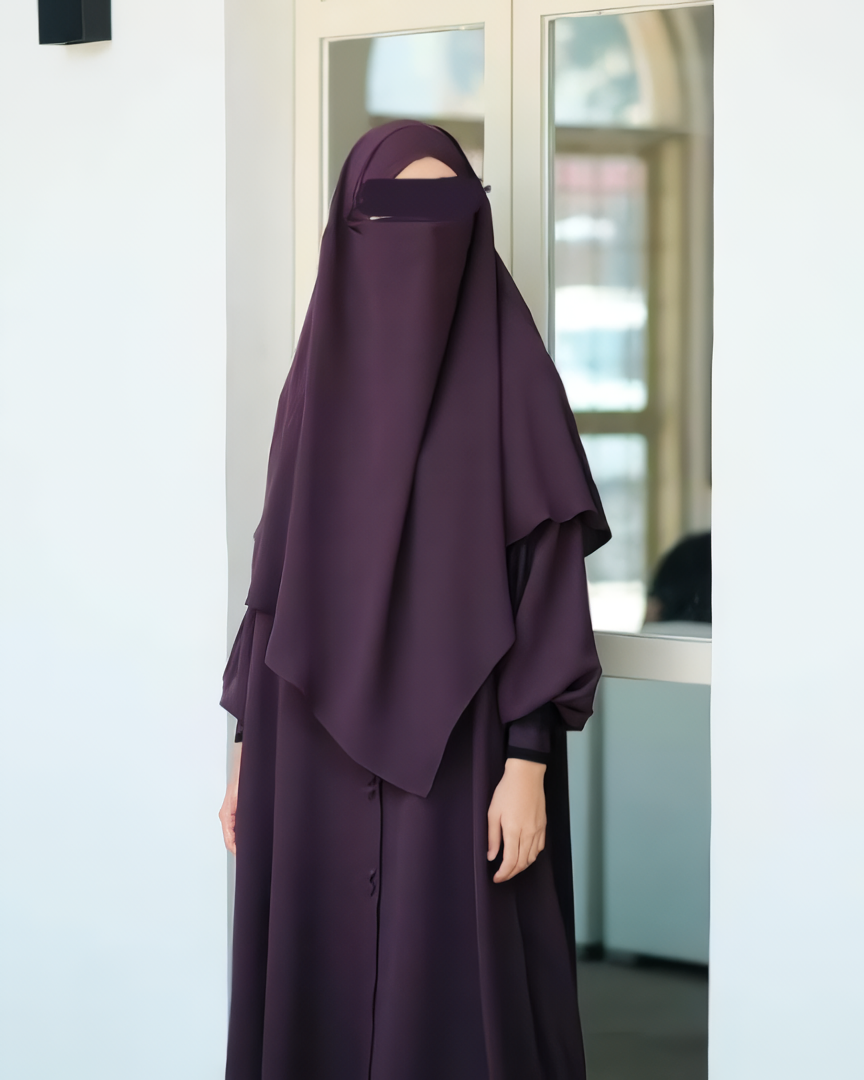 Alesyari Shop I Dark Plum - Marzi Abaya Transformer or Basic Non-Pad Khimar with Organdi Lace, Free Half Niqab or Niqab Bandana, featuring Marzan Anti-UV Fabric