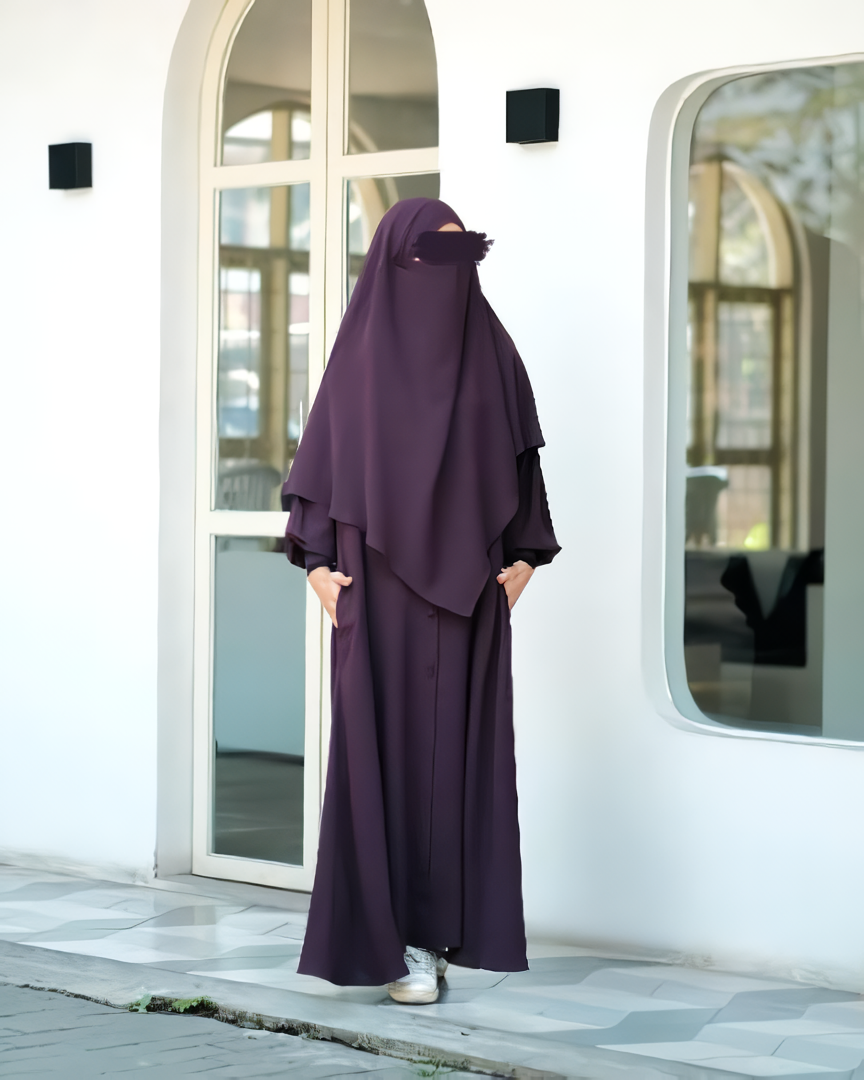 Alesyari Shop I Dark Plum - Marzi Abaya Transformer or Basic Non-Pad Khimar with Organdi Lace, Free Half Niqab or Niqab Bandana, featuring Marzan Anti-UV Fabric