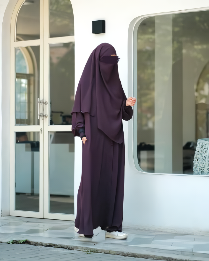 Alesyari Shop I Dark Plum - Marzi Abaya Transformer or Basic Non-Pad Khimar with Organdi Lace, Free Half Niqab or Niqab Bandana, featuring Marzan Anti-UV Fabric