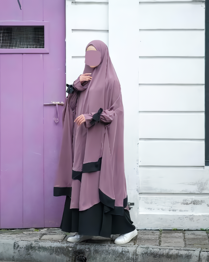 Alesyari Shop I Lavender - Sabira Modest Abaya Ramadan Eid Series with Soft-Pad or Non-Pad Khimar, and Half Niqab Veil or Niqab Bandana