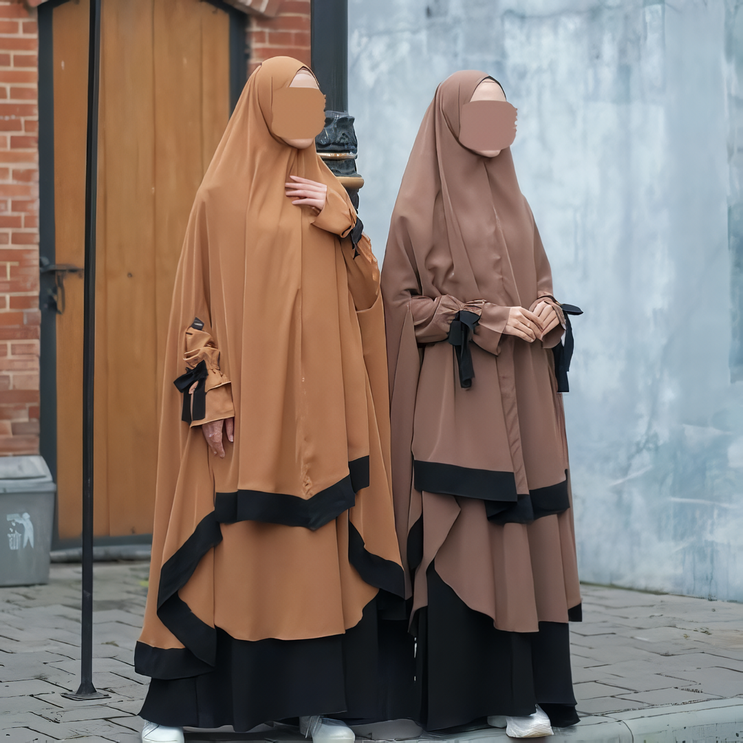 Alesyari Shop I Mustard - Sabira Modest Abaya Ramadan Eid Series with Soft-Pad or Non-Pad Khimar, and Half Niqab Veil or Niqab Bandana