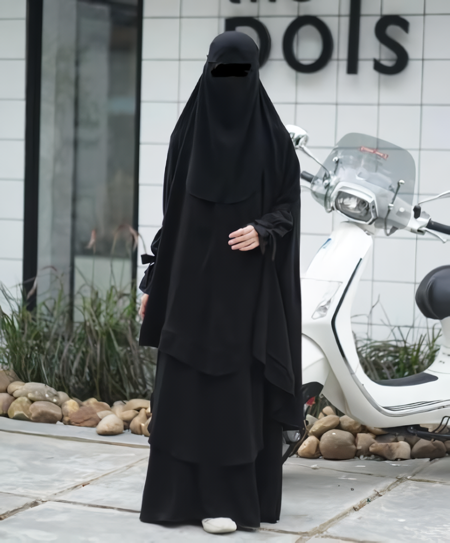 Alesyari Shop I Jetblack - Sabira Modest Abaya Ramadan Eid Series with Soft-Pad or Non-Pad Khimar, and Half Niqab Veil or Niqab Bandana