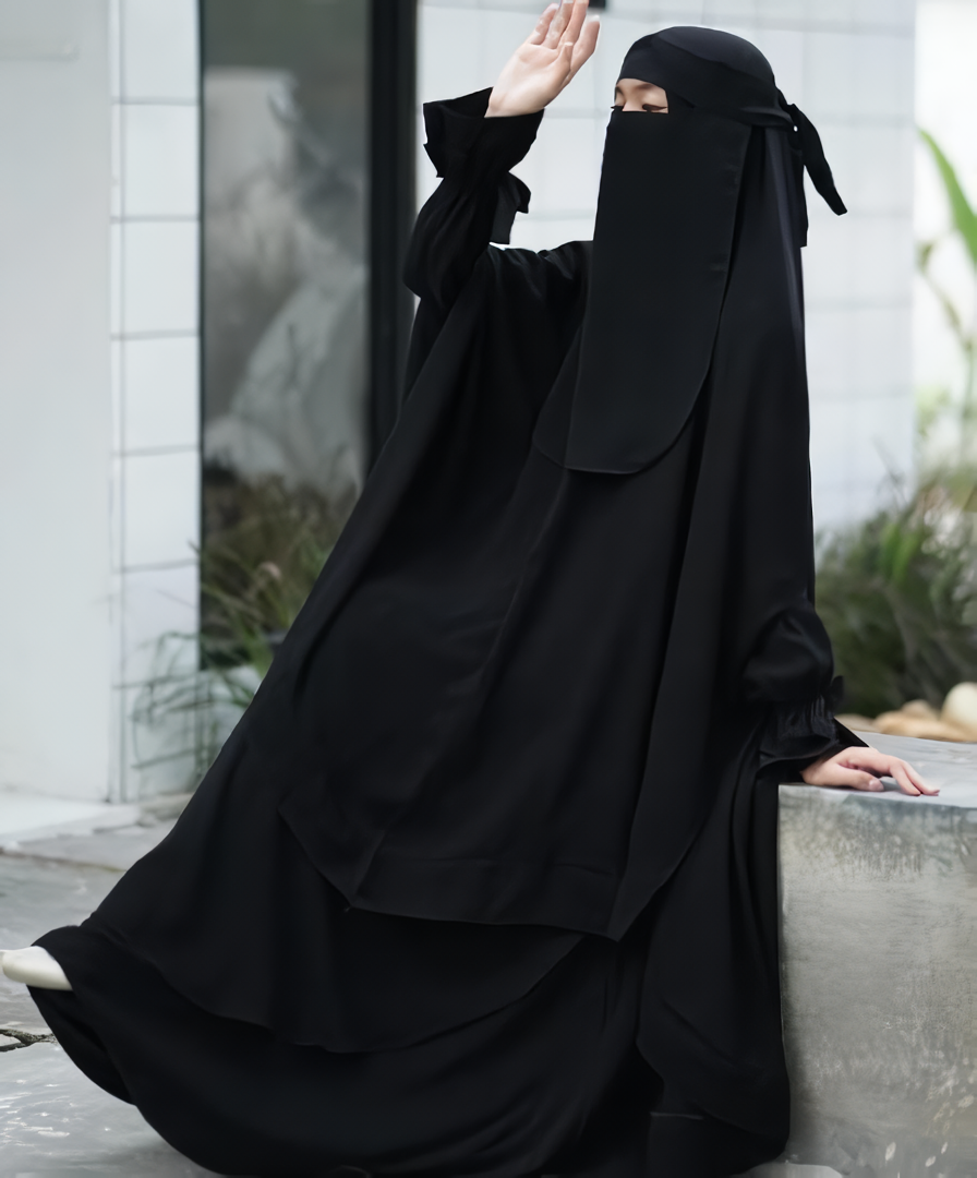 Alesyari Shop I Jetblack - Sabira Modest Abaya Ramadan Eid Series with Soft-Pad or Non-Pad Khimar, and Half Niqab Veil or Niqab Bandana