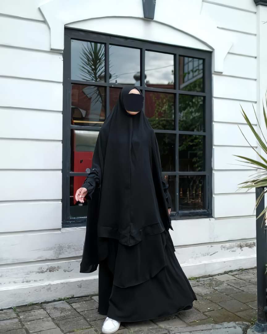 Alesyari Shop I Jetblack - Sabira Modest Abaya Ramadan Eid Series with Soft-Pad or Non-Pad Khimar, and Half Niqab Veil or Niqab Bandana