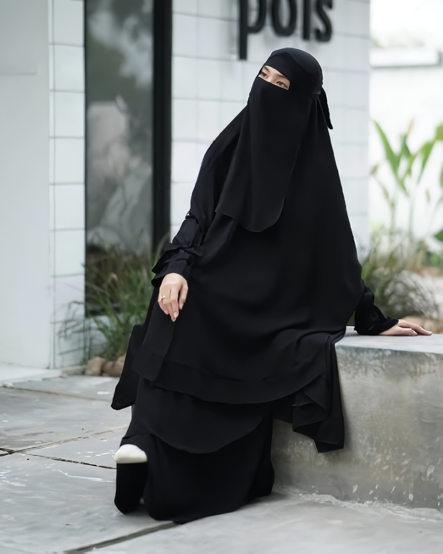 Alesyari Shop I Jetblack - Sabira Modest Abaya Ramadan Eid Series with Soft-Pad or Non-Pad Khimar, and Half Niqab Veil or Niqab Bandana