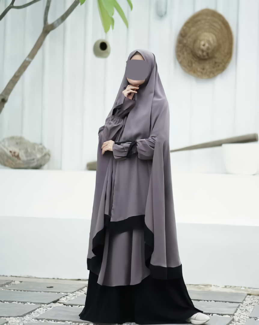 Alesyari Shop I Gray Zink - Sabira Modest Abaya Ramadan Eid Series with Soft-Pad or Non-Pad Khimar, and Half Niqab Veil or Niqab Bandana