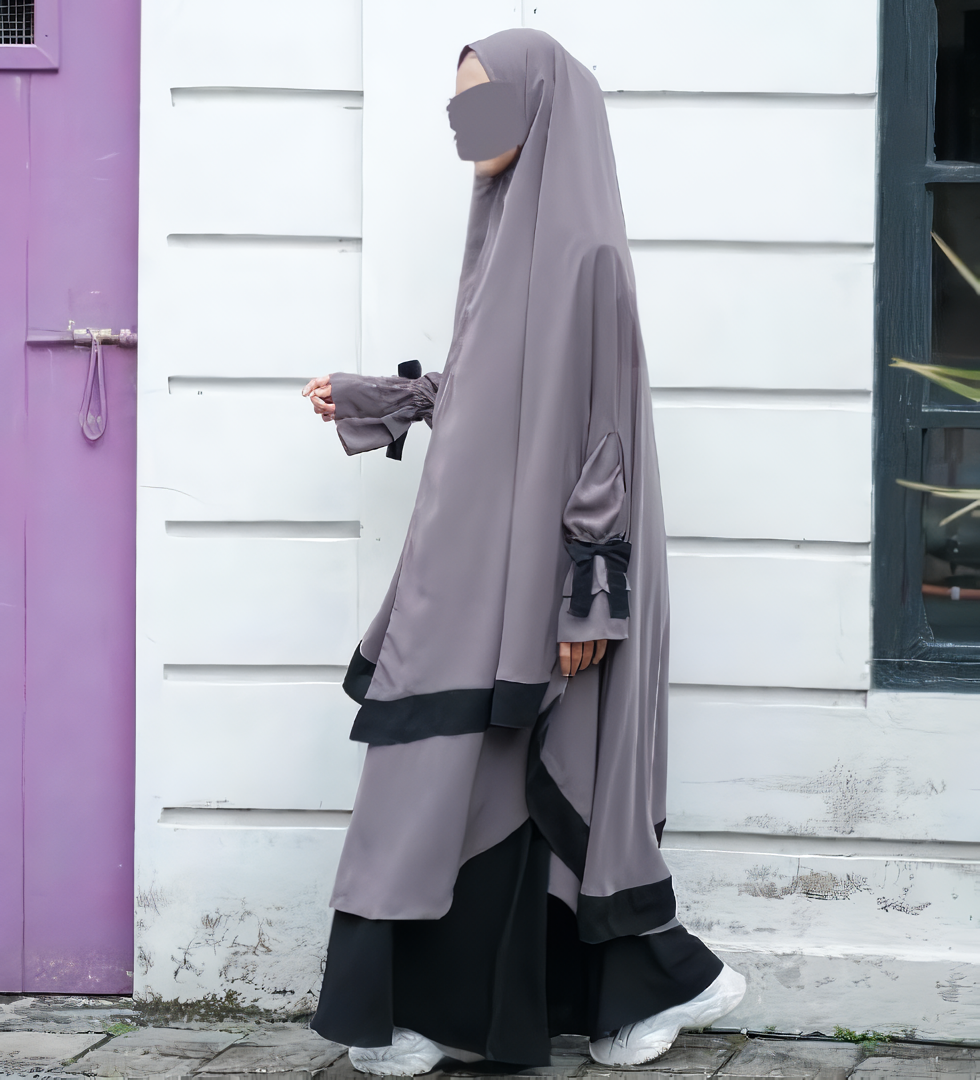 Alesyari Shop I Gray Zink - Sabira Modest Abaya Ramadan Eid Series with Soft-Pad or Non-Pad Khimar, and Half Niqab Veil or Niqab Bandana