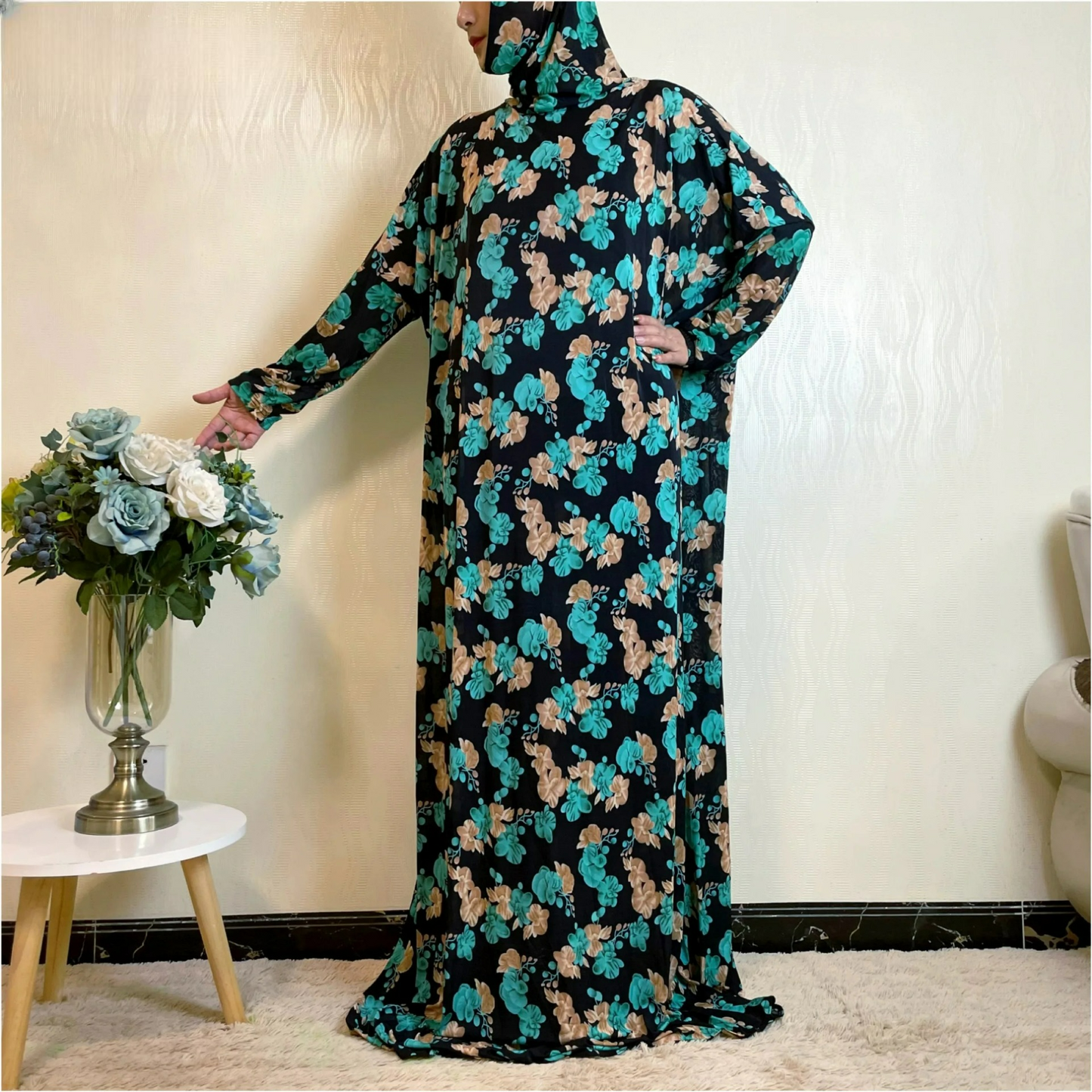 Alesyari Shop I Muslim Women's Ramadan Abaya Dress with Floral Pattern, Islamic Prayer Attire, Plus Size Long Jubah, African Saudi Style