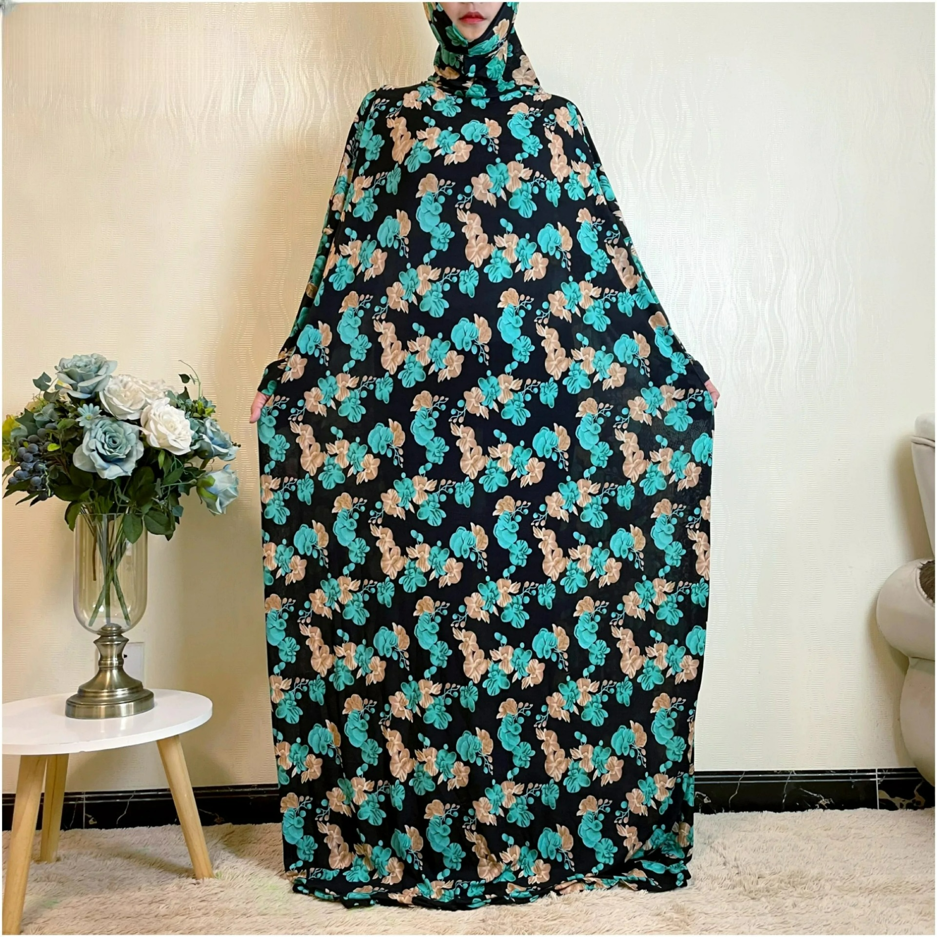 Alesyari Shop I Muslim Women's Ramadan Abaya Dress with Floral Pattern, Islamic Prayer Attire, Plus Size Long Jubah, African Saudi Style