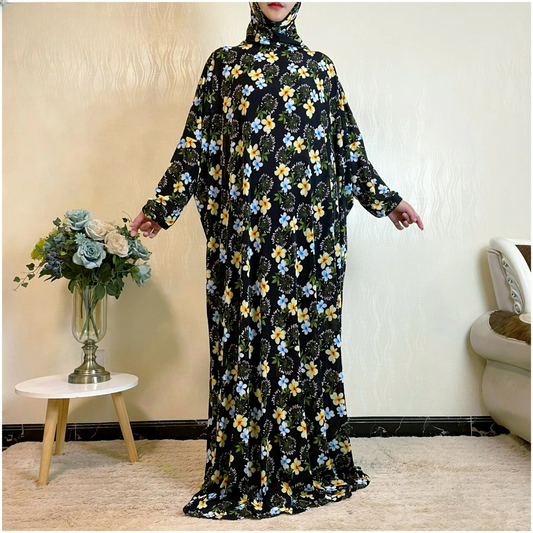 Alesyari Shop I Muslim Women's Ramadan Abaya Dress with Floral Pattern, Islamic Prayer Attire, Plus Size Long Jubah, African Saudi Style