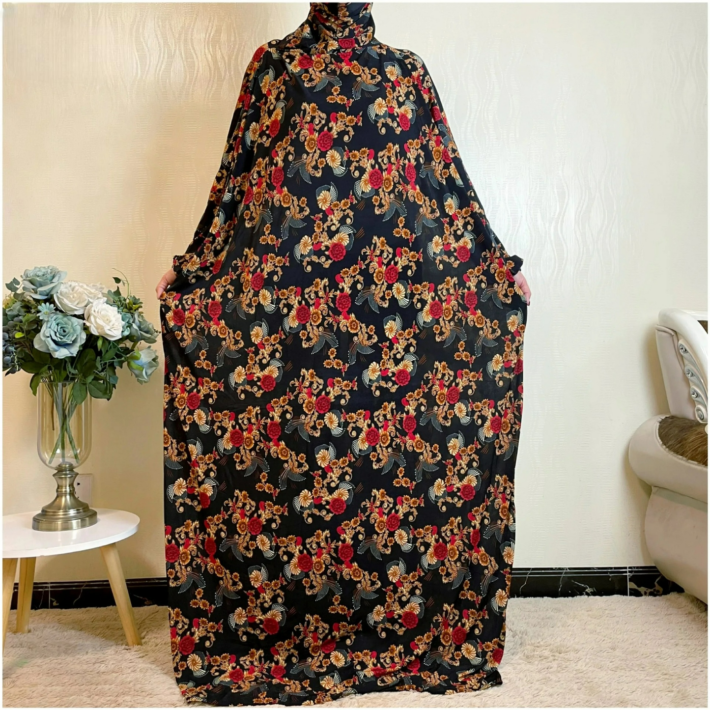 Alesyari Shop I Muslim Women's Ramadan Abaya Dress with Floral Pattern, Islamic Prayer Attire, Plus Size Long Jubah, African Saudi Style