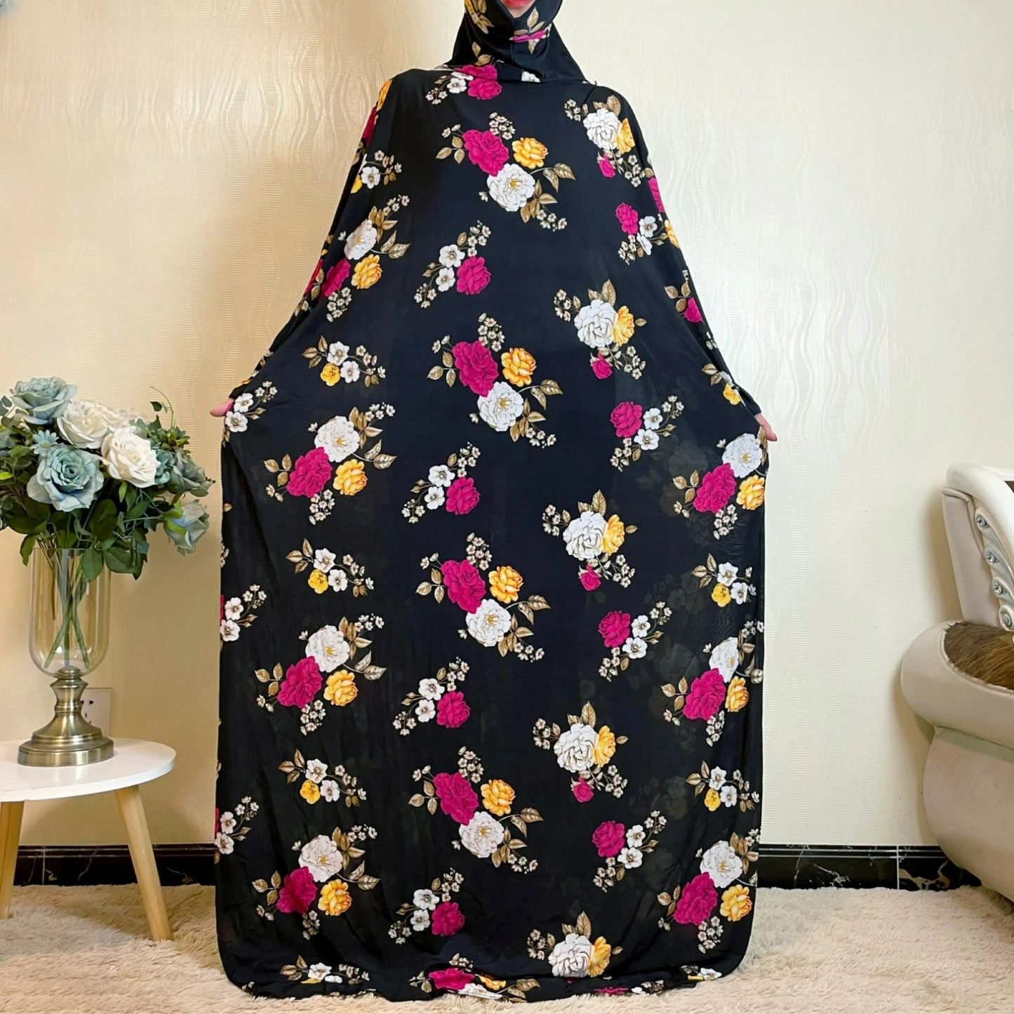 Alesyari Shop I Muslim Women's Ramadan Abaya Dress with Floral Pattern, Islamic Prayer Attire, Plus Size Long Jubah, African Saudi Style