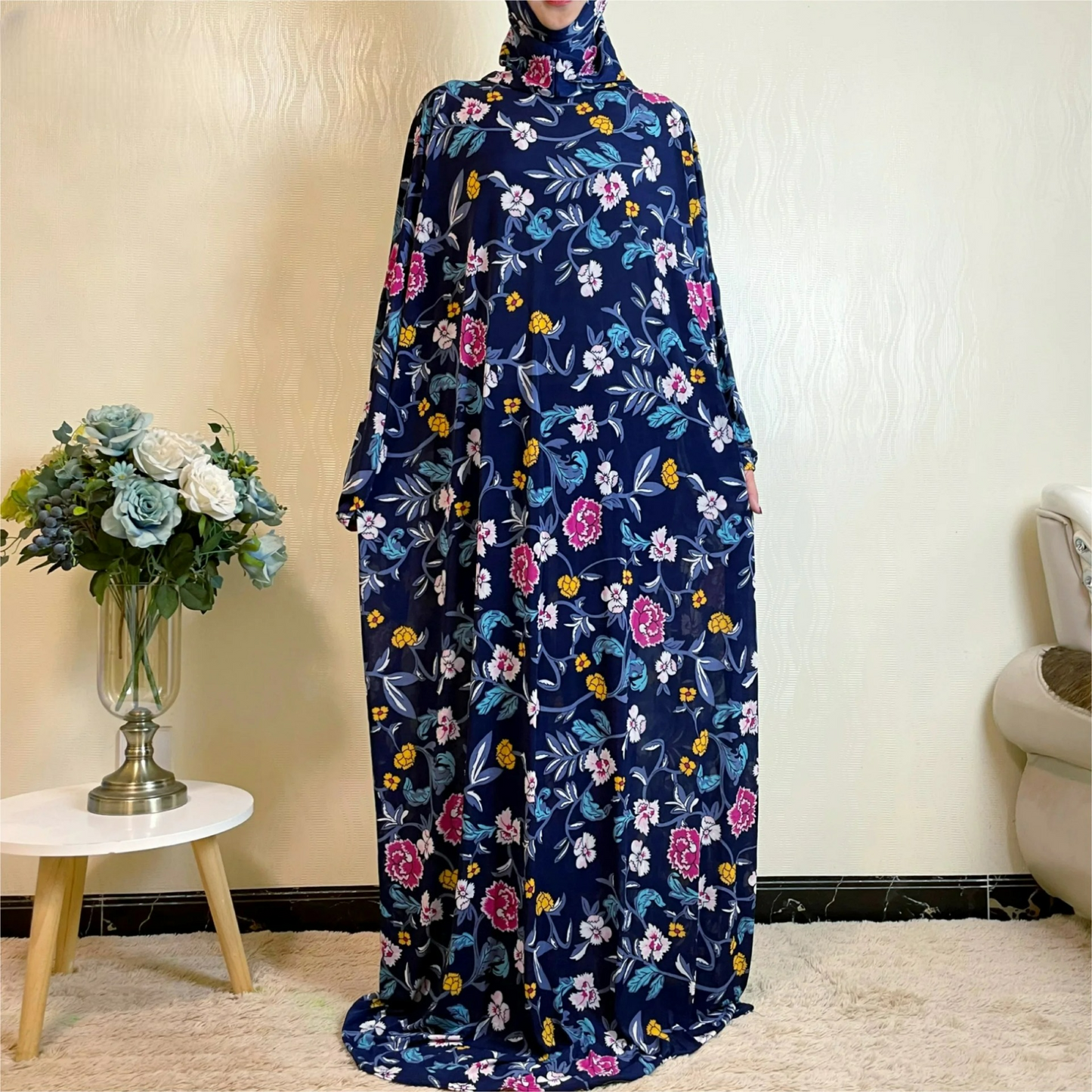 Alesyari Shop I Muslim Women's Ramadan Abaya Dress with Floral Pattern, Islamic Prayer Attire, Plus Size Long Jubah, African Saudi Style