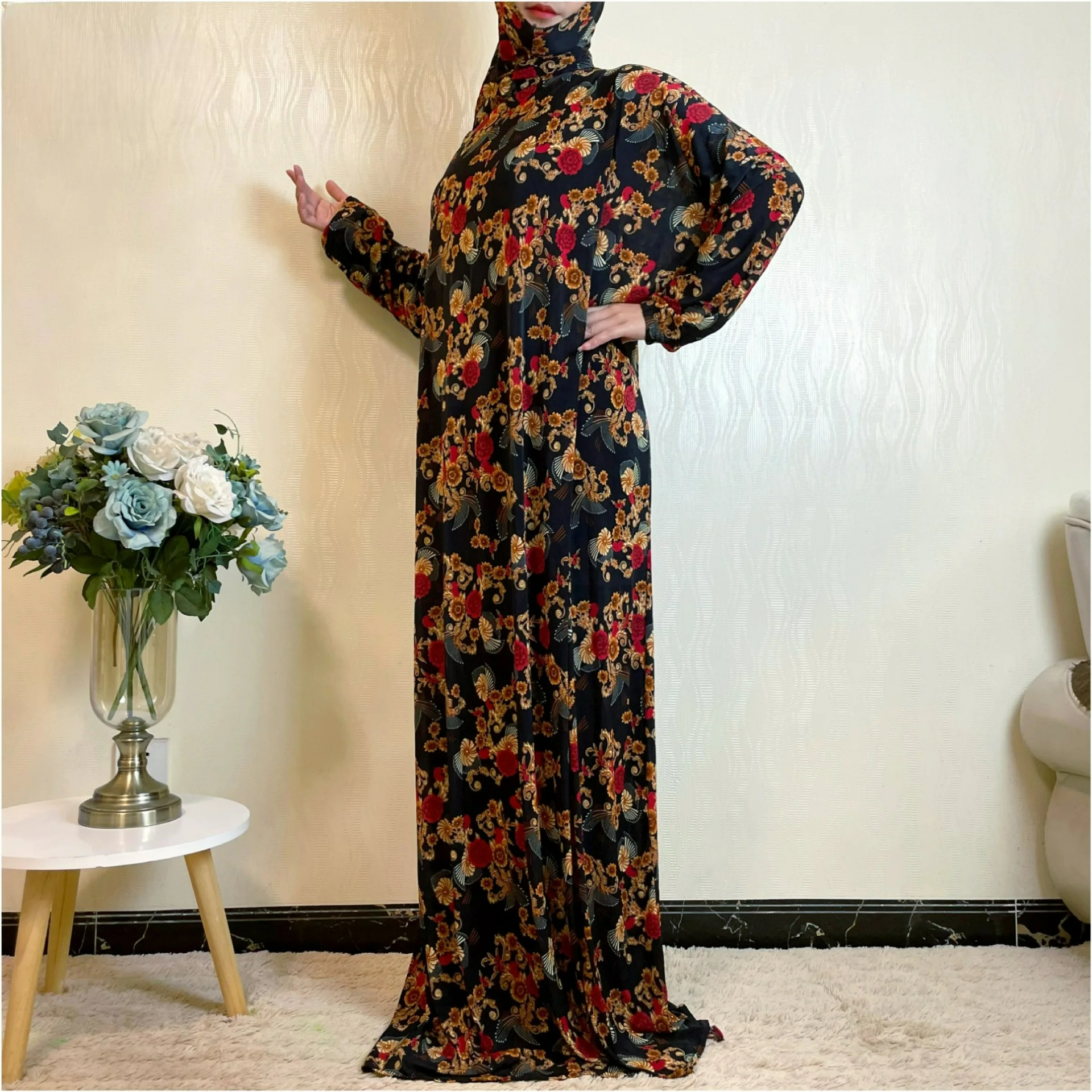 Alesyari Shop I Muslim Women's Ramadan Abaya Dress with Floral Pattern, Islamic Prayer Attire, Plus Size Long Jubah, African Saudi Style