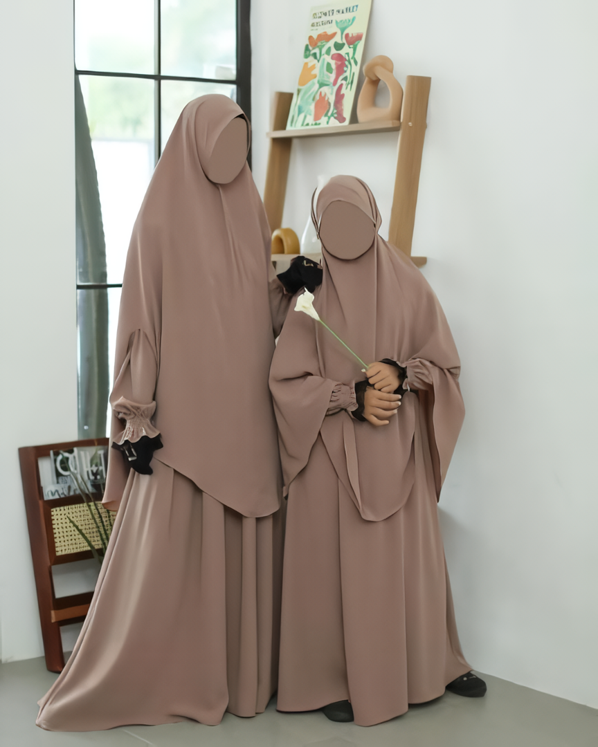 Alesyari Shop I Light Coffee Amira Abaya with Soft Pad Khimar - Elegant for Ramadan and Hijab