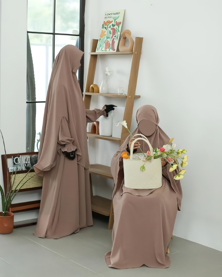 Alesyari Shop I Light Coffee Amira Abaya with Soft Pad Khimar - Elegant for Ramadan and Hijab